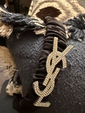 Yves Saint Laurent Black Satin Headband with Crystal YSL Emblem